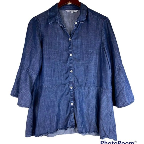Foxcroft 12 Large Shirt Top Tunic Chambray Jean Denim Dark Wash Bell Slv. - Picture 1 of 3